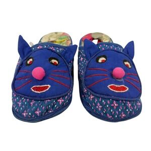 Vintage Blue Cat Face Quilted Cotton Scuff Slippers Women's Medium Patchwork